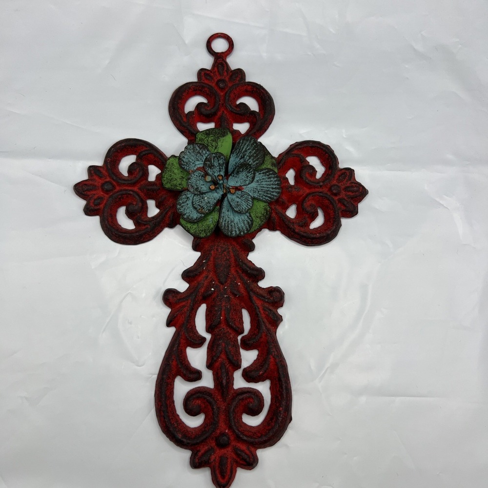 Cast Iron Wall Cross/Decor Flower Design Gardens Entranceway 10" Tall x 6.5" W